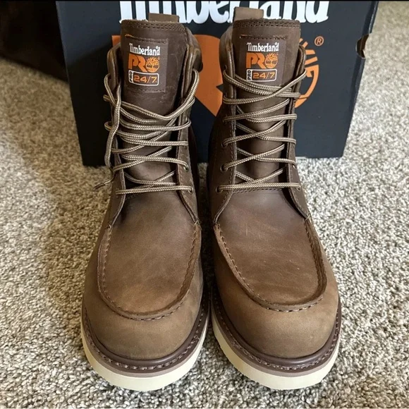 Men's Timberland PRO Wedge 6" Soft Toe Moc-Toe Work Boots Coconut Brown - Picture 3 of 7